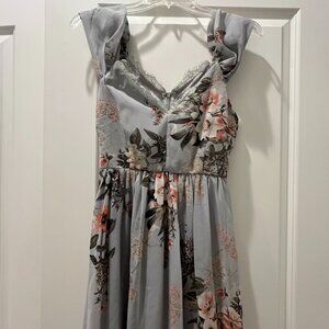 Lulus Gray Floral Print Mini Dress Off-Shoulder Size XS